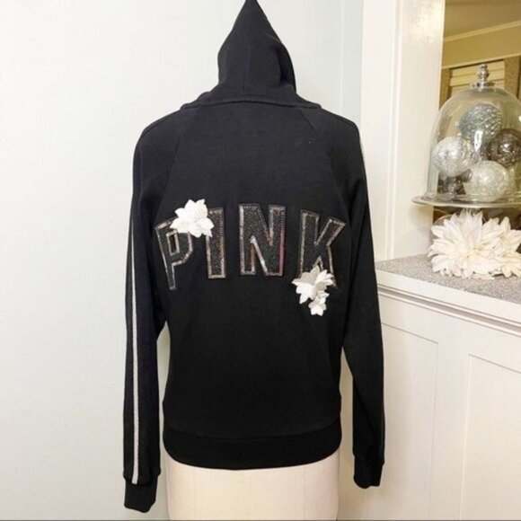 Victoria’s Secret Pink Sequin Floral Bling Zip Front Jacket Hoodie Small - Picture 8 of 13
